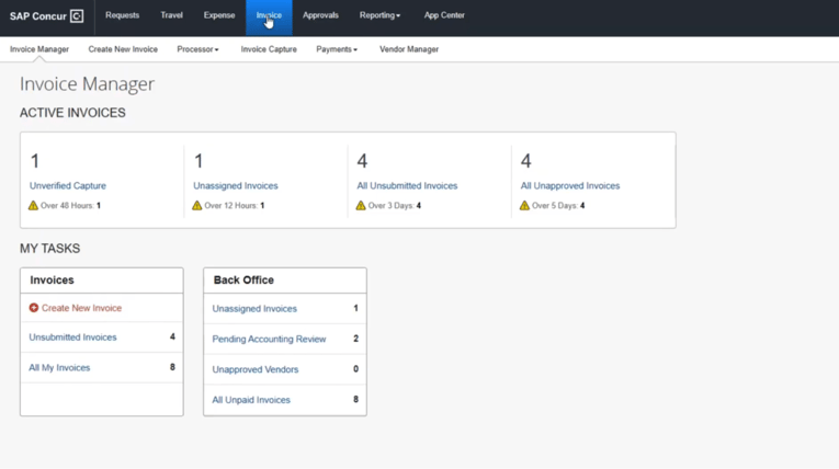 Dashboard des Concur-Rechnungsmanagers
